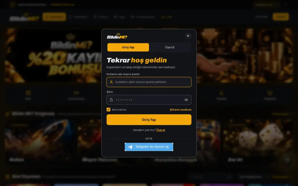 Platformun gerçek giriş penceresi: kullanıcı adı veya e-posta, şifre, Beni hatırla ve Telegram ile oturum aç seçenekleri