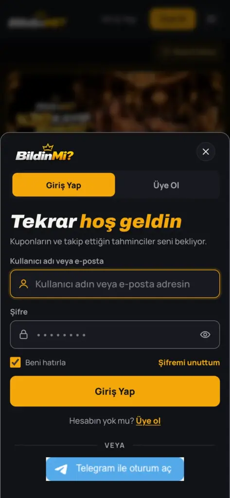Giriş penceresinin mobil görünümü