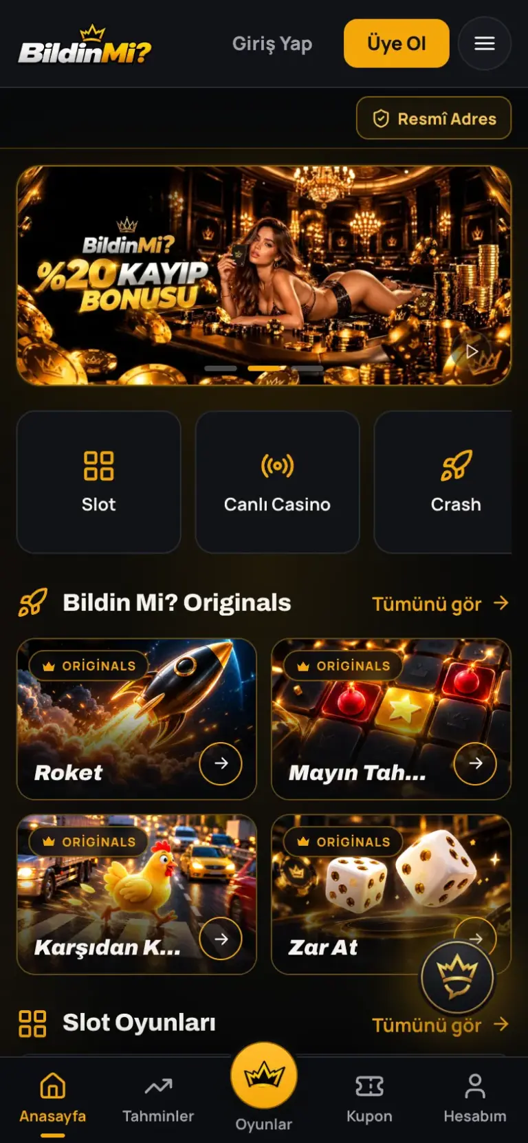 Resmî adres listesinin mobil ekrandaki görünümü